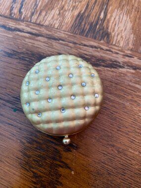 Vintage Gold-Tone Round Pill Box With Rhinestone Accents & Interior Compartments